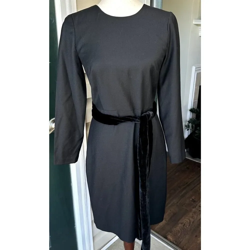 J. Crew Day to Night Dress Exeter Flannel Sz 0 Wool Sheath Silk Velvet Sash
